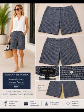 Banana Republic Navy Patterned Bermuda Shorts - Size 8. Resort, Coastal,Business